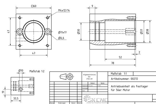 Antriebseinheit als Festlager CNC für 56er Motor und 16er Spindel